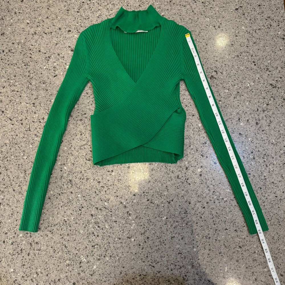 ZARA Ribbed Knit Cut-Out Cropped Sweater Green Wrap Front Women's Size S - Picture 9 of 10